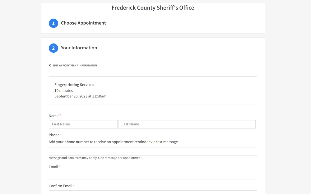 A screenshot of the online fingerprinting appointment scheduler for the sheriff's office in Frederick County, showing the process of how to schedule an appointment, starting with choosing the appointment date and time and then entering the requester's information, followed by other steps.