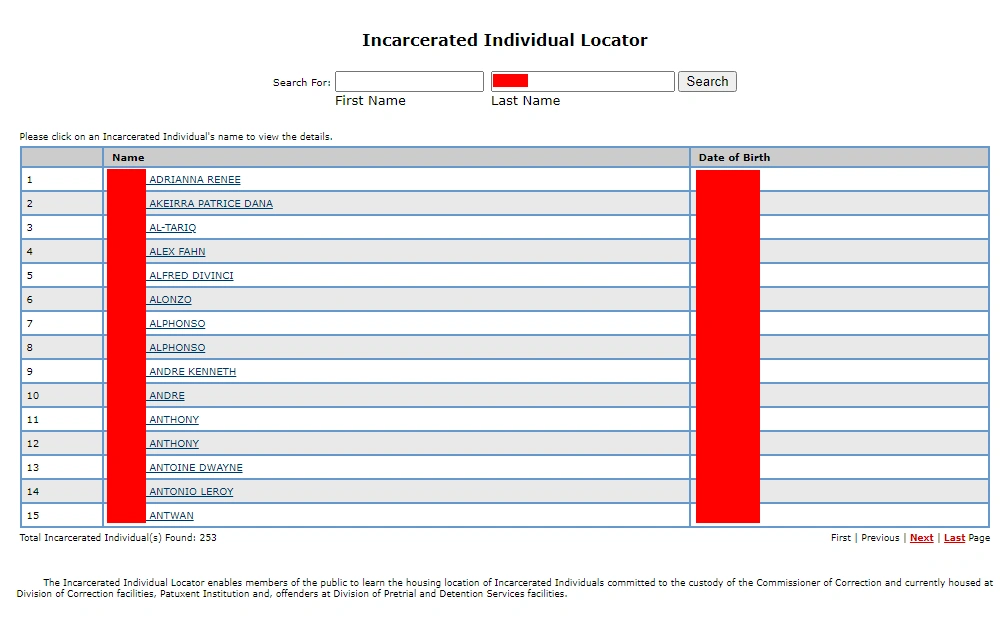 A screenshot of Maryland DPSCS's Inmate Locator showing the list of incarcerated individuals with their names, birthdates, and hyperlinks routing to more information about these people.