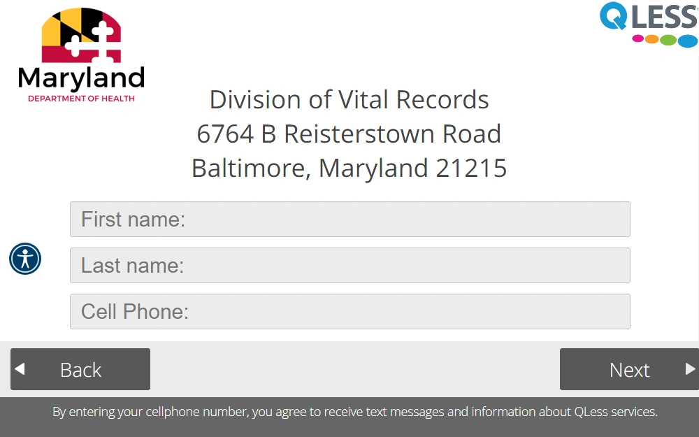 A screenshot of a portal where anyone may schedule an appointment at the Maryland Department of Health's Division of Vital Records for requests such as birth, death, marriage, and divorce records.