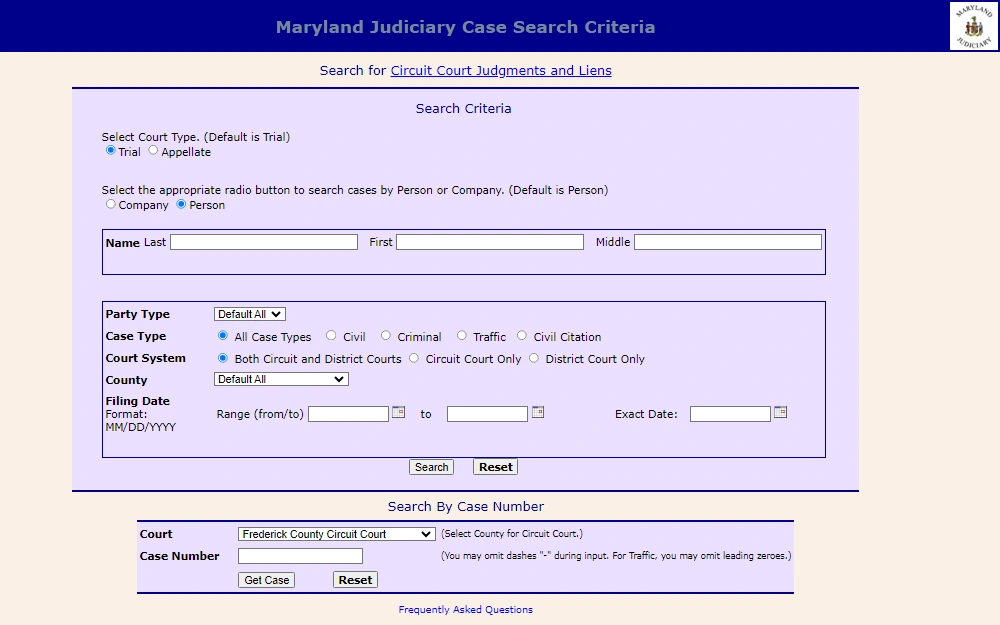 A screenshot of the Maryland Judiciary Case Search Criteria, where anyone can find different types of cases or records of individuals by providing the following information: name, party type, case type, court system, county, filing date, case number, and other descriptors.