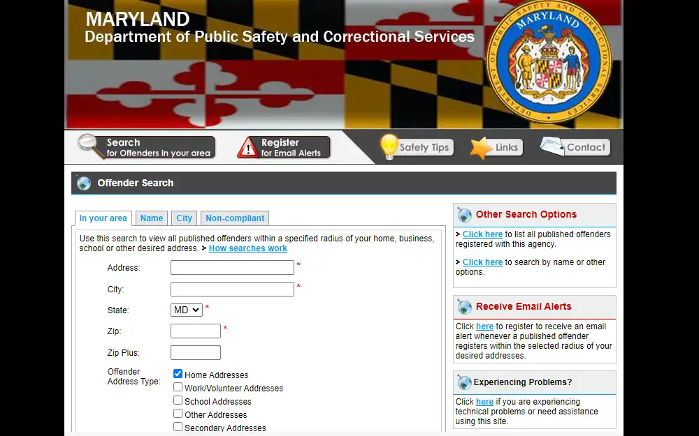 A screenshot of the Maryland Sex Offender Registry that can be searched through several options like providing a specific location or using the name search option, city search, non-compliant search, and others. 