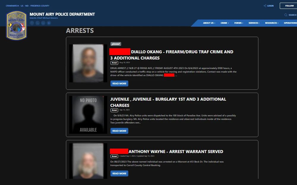 A screenshot showing the list of individuals arrested by the Mount Airy Police Department, with their mugshots, full name, charges, description of their arrests and a 'read more' hyperlink routed to further information about the arrests of individuals.