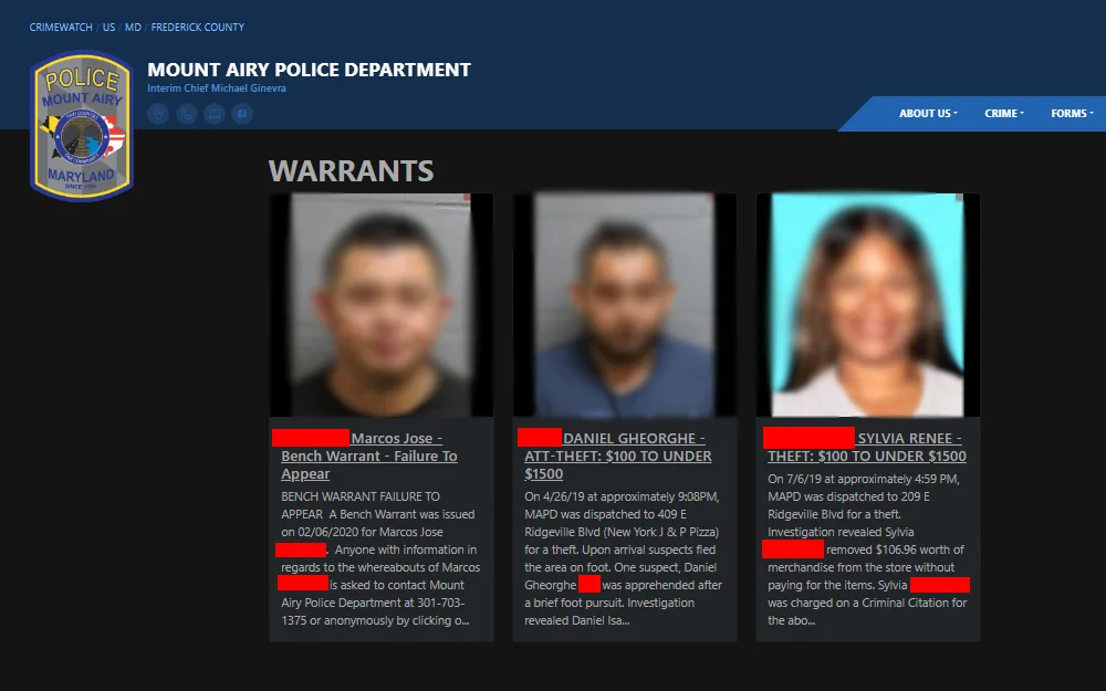 A screenshot of the warrants database of Mount Airy Police Department showing active warrants with people's mugshots, full names, charges, and other information.