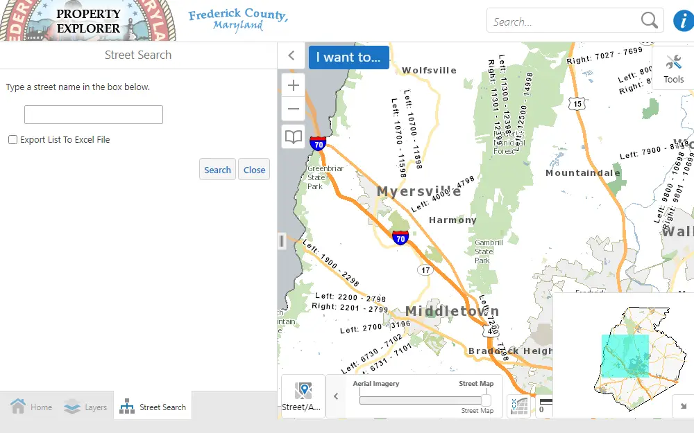 A screenshot of the property explorer of Frederick County showing its map and the street name search on the left side of the page.