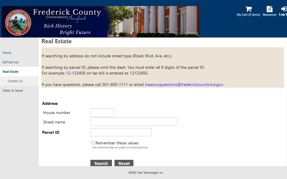 A screenshot of the Real Estate Property search tool of Frederick County, where individuals can search for the records by providing the address, such as the house number and street name, and also its parcel ID.